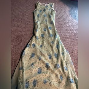 90’ Vintage Floral Satin Summer Dress. Green and Blue Flower Detailing
